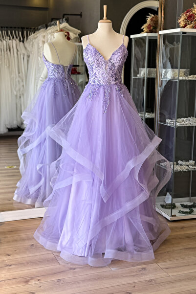 Lenta Moda Lila Gren Etekli Çiçek Desen Dantel Kaplamalı Maxi Boy Abiye ve Ge...