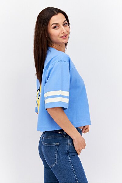 Esprit Women Crew Neck Short Sleeve Embroidered Logo T Shirt, Blue