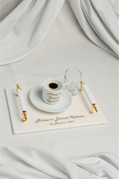 MERALP Kişiye Özel Mermer Damat Kahvesi Tepsisi Kahve Fincanı Bardak , Metal ...