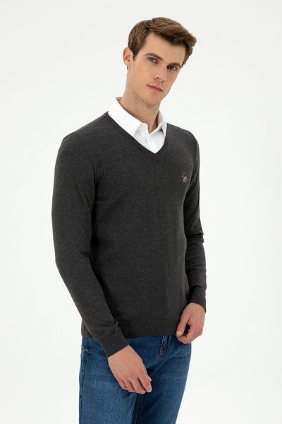 U.S. Polo Assn. Men's Slim Fit V-Neck Anthracite Basic Sweater 50288885 -Vr006