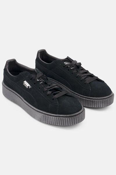 Puma Women Lace Up Suede Platform Satin Sport Shoes, Black