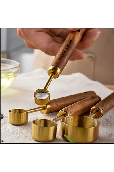 MİMOZA PARK 4 Pcs Small Size Gold Wooden Handle Measuring Spoons - Handle Measure