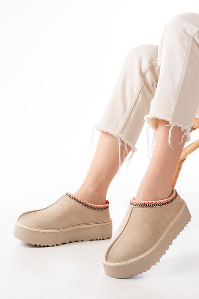 serkanseyyid Ndr-2888 Beige Suede Fur Lined Winter Closed Toe Women's Casual Slippers