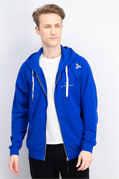 John Richmond Men Sportswear Fit Full Zip Hooded Long Sleeves Brand Logo Sweatshirt, Blue