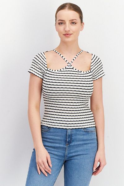 Steve Madden Women Crisscross Neck Short Sleeves Stripes Blouse, White