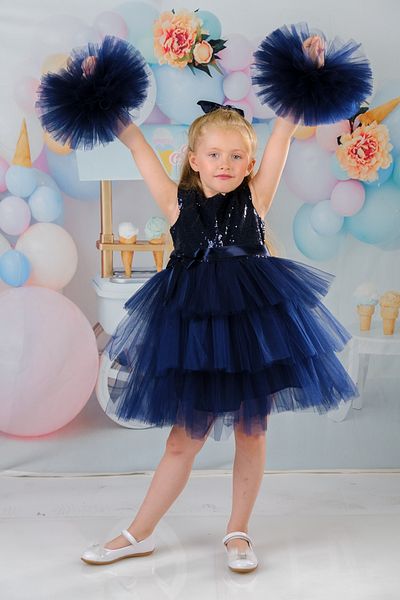 Delfini kids Rochie de petrecere și de zi de naștere cu mânecă pompon din tul cu cataramă și paiete