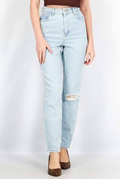 NA-KD Anika Teller x Women Mom Fit Rip Non-Stretchable Denim, Light Blue