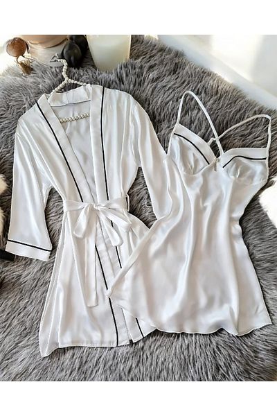 Çeyize dair herşey Sunshine White Hedvábný saténový župan Set noční košile 6736