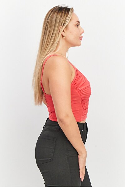 Sinsay Women V neck Sleeveless Solid Ruched Top, Dark Pink