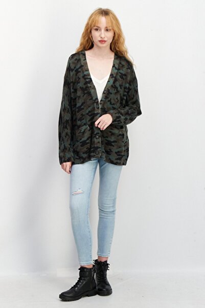 Aqua Women V-Neck Camouflage Cashmere Cardigan, Green Combo