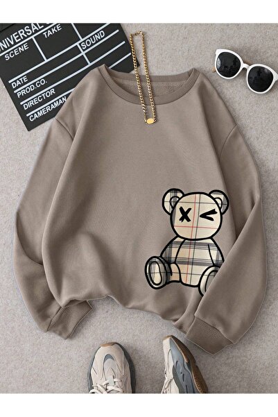 Deocept Γυναικείο φούτερ σε μπεζ αρκουδάκι με στάμπα με λαιμόκοψη