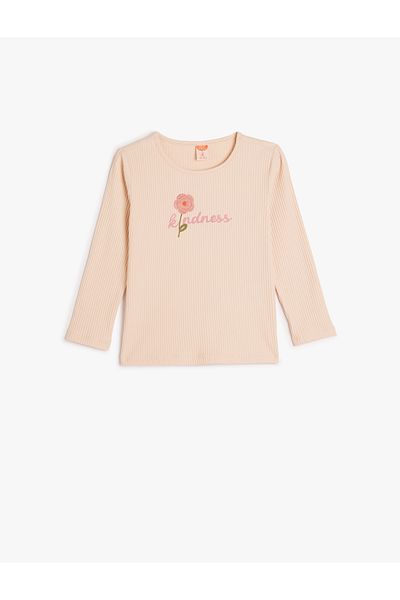 Koton Long Sleeve Floral Embroidered Cotton T-Shirt - Crew Neck