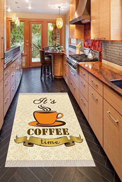 uygun dekor Coffe Time Kahve Desenli Dijital Baskılı Kaymaz Taban Yıkanabilir...