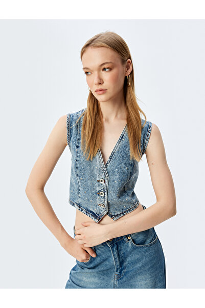 Koton Rhinestone Denim Vest Crop Sleeveless V Neck Buttoned