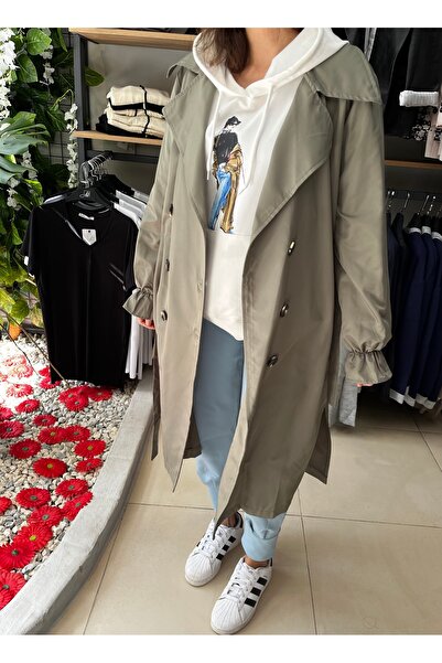 Marka Kolu Büzgülü/Fırfırlı Düğmeli Kuşaklı İnce Uzun Açık Yeşil Trençkot