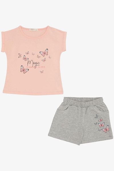 Breeze 3-8 Years Old Butterfly Printed Girls' Shorts Set - Salmon
