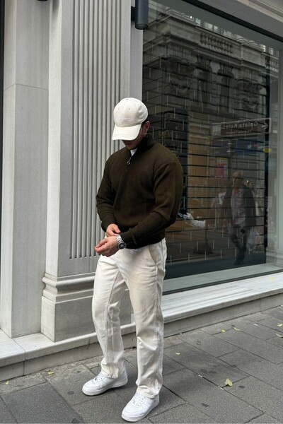 Livio Ferri Thick and Half Zippered Men's Knitwear Sweater - Stand Collar