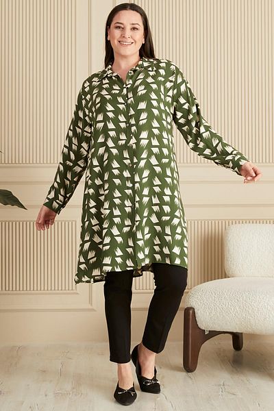 Ferace Women's Hijab Plus Size Brush Patterned Long Shirt Tunic
