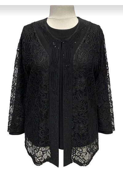 YASEŞA BUTİK Mother Women's Young Large Size Asian Black Littered Jacket Rhinestone Evening Suit
