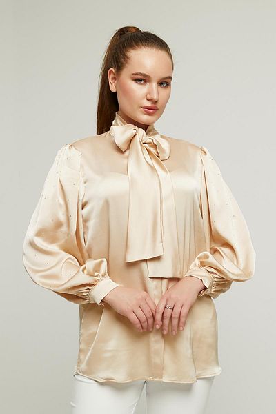 Appleline Cămașă din satin BEJ - mâneci cu balon cu fundă și pietre prețioase