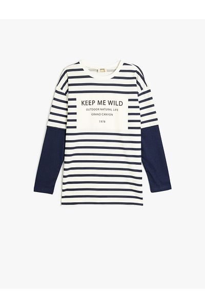 Koton Cotton Long Sleeve Slogan Printed Crew Neck T-Shirt