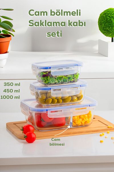 Porsima Por Locked Multi-Purpose Glass 3-Piece Food Storage Container Set with Leak-Proof Lid - 1000-450-300ml