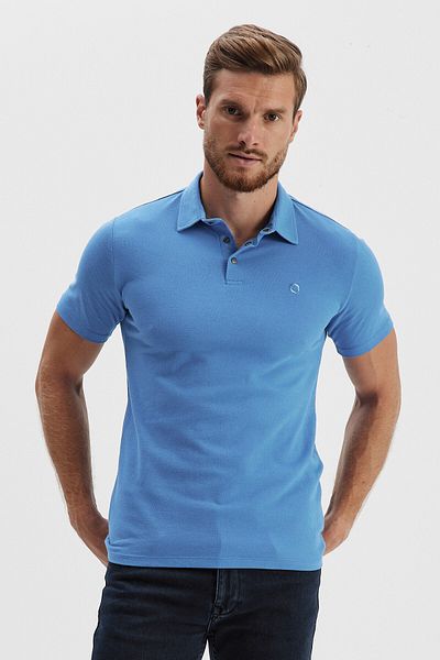 ENQUE Tricou de bază pentru bărbați, cu gât polo, confortabil, 100% bumbac, albastru apă