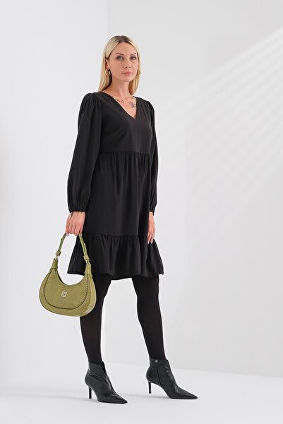 EXPLOSION V Yaka Kabarık Kollu Elbise