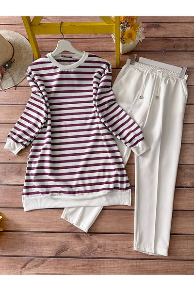MODAQU Purple Striped Combination Set - Tunic and Trousers