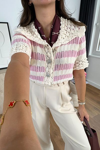 BİRCANÇİL Emase Ecru Pink Patterned Knitwear Cardigan