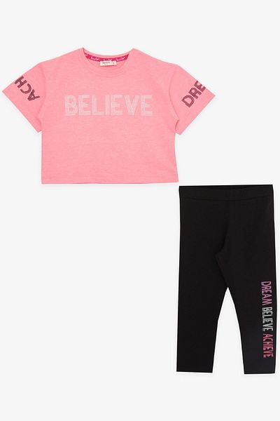 Breeze Costum pentru fetiță, dresuri Capri, cu text imprimat, 8-12 ani, roz neon