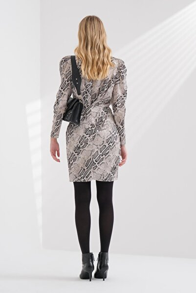 EXPLOSION Desenli Saten Pili Detaylı Kruvaze Mini Elbise