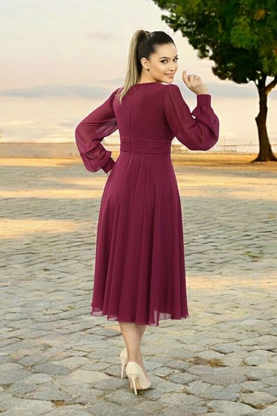 FaBe Fashion Long Sleeve Back Closed Double Breasted Collar Midi Chiffon Dress