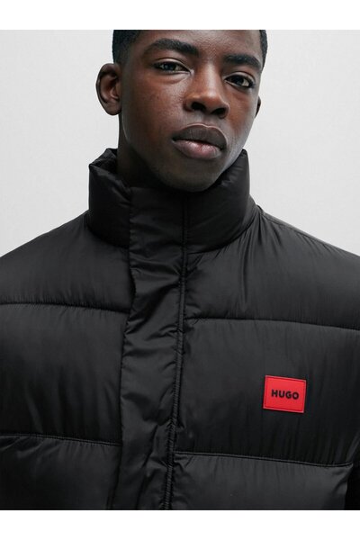 HUGO Men's Stand Collar Hidden Zipper Puffer Black Jacket 50505904 -001