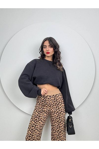 GİZONLY Palazzo Elastic Waist Satin Textured Leopard Pattern Trousers