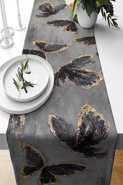 farbala Gri Gold Uçuşan Kelebekli Leke Tutmaz Kumaş Salon Mutfak Masa Değişik...