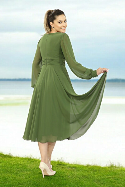 FaBe Fashion Uzun Kollu Sırtı Kapalı Kruvaze Yaka Midi Şifon Elbise