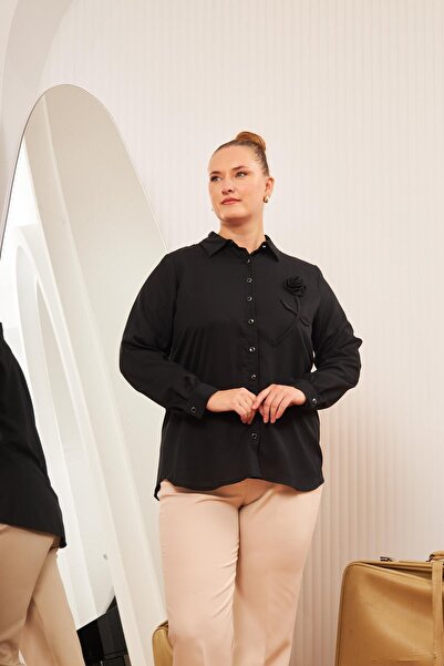 RMG Plus Size Shirt with Rose Accessories Black