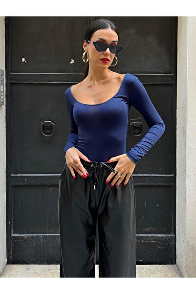 minaaise Жіночий темно-синій сорочка з відкритим коміром і довгими рукавами 28247