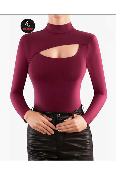 Zagrep Women's Burgundy Half Turtleneck Windowed Double Layer Silk Jersey Body