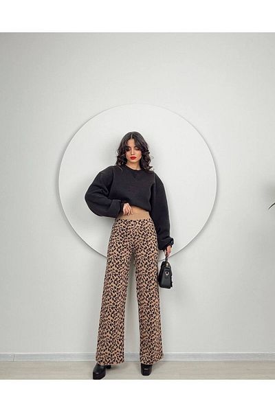 GİZONLY Palazzo Elastic Waist Satin Textured Leopard Pattern Trousers