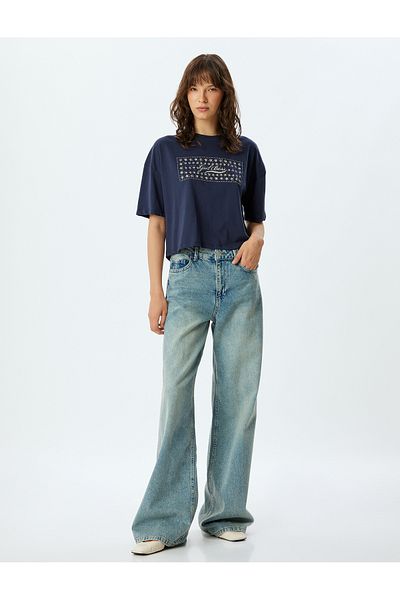 Koton Cotton Crop T-Shirt - Staple Detail, Short Sleeve, Crew Neck