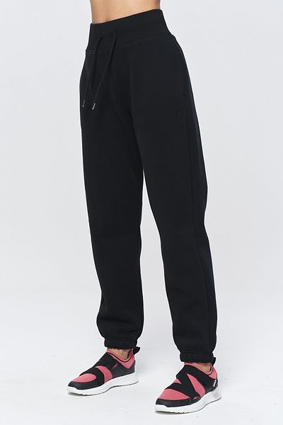 bilcee Pantaloni de trening negri din lână periată - 3 fire, picior elastic, potrivire liberă 9805