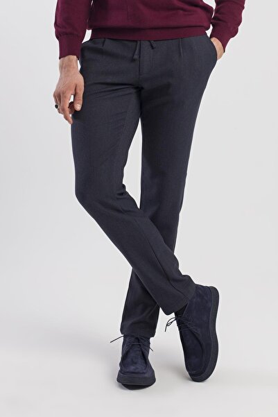 Jakamen Navy Blue Comfort Fit Elastic Waist Side Pocket Trousers
