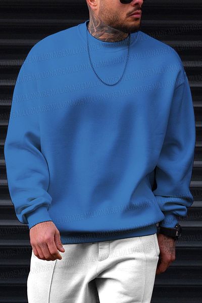 Millionaire Μπλε ανδρικό φούτερ Oversize Fleece - Crew Neck, Unprinted, Loose Fit