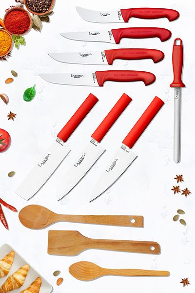 LAZBİSA Silver Series Kitchen Knife Set Chef Knife Masat and Montesev Wooden Wooden Spoon Set (11 Pieces)