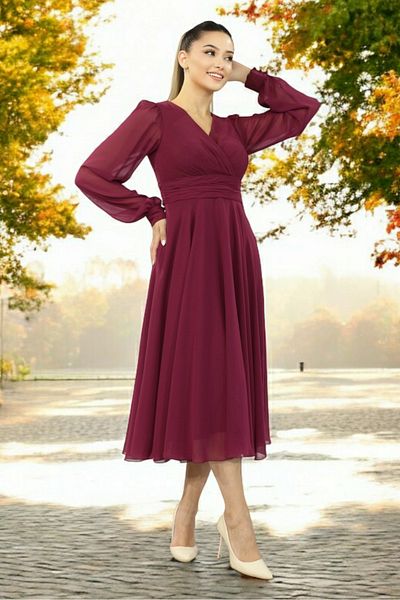 FaBe Fashion Long Sleeve Back Closed Double Breasted Collar Midi Chiffon Dress