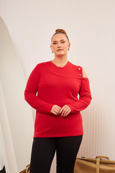 RMG Large Size Shoulder Detail Knitted Blouse Red