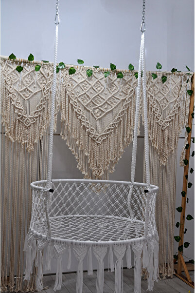 ALTINOLUK HAMAK 80'lik Makrome Salıncak Bahçe Balkon Salıncağı (BEYAZ) Minder...