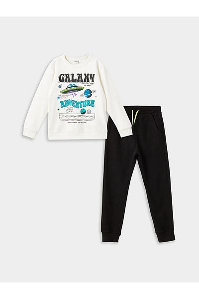 LC Waikiki Lcw Kids Cream Colored Crew Neck Boy's Sweatshirt and Sweatpants